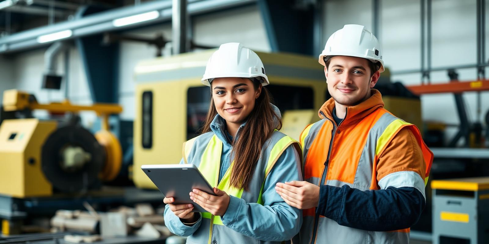Apprentices using a tablet in an engineering workshop