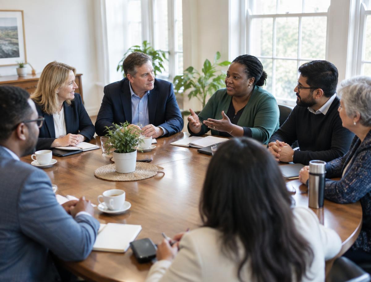 Chamber, association and community organisation representatives in discussion around a meeting table