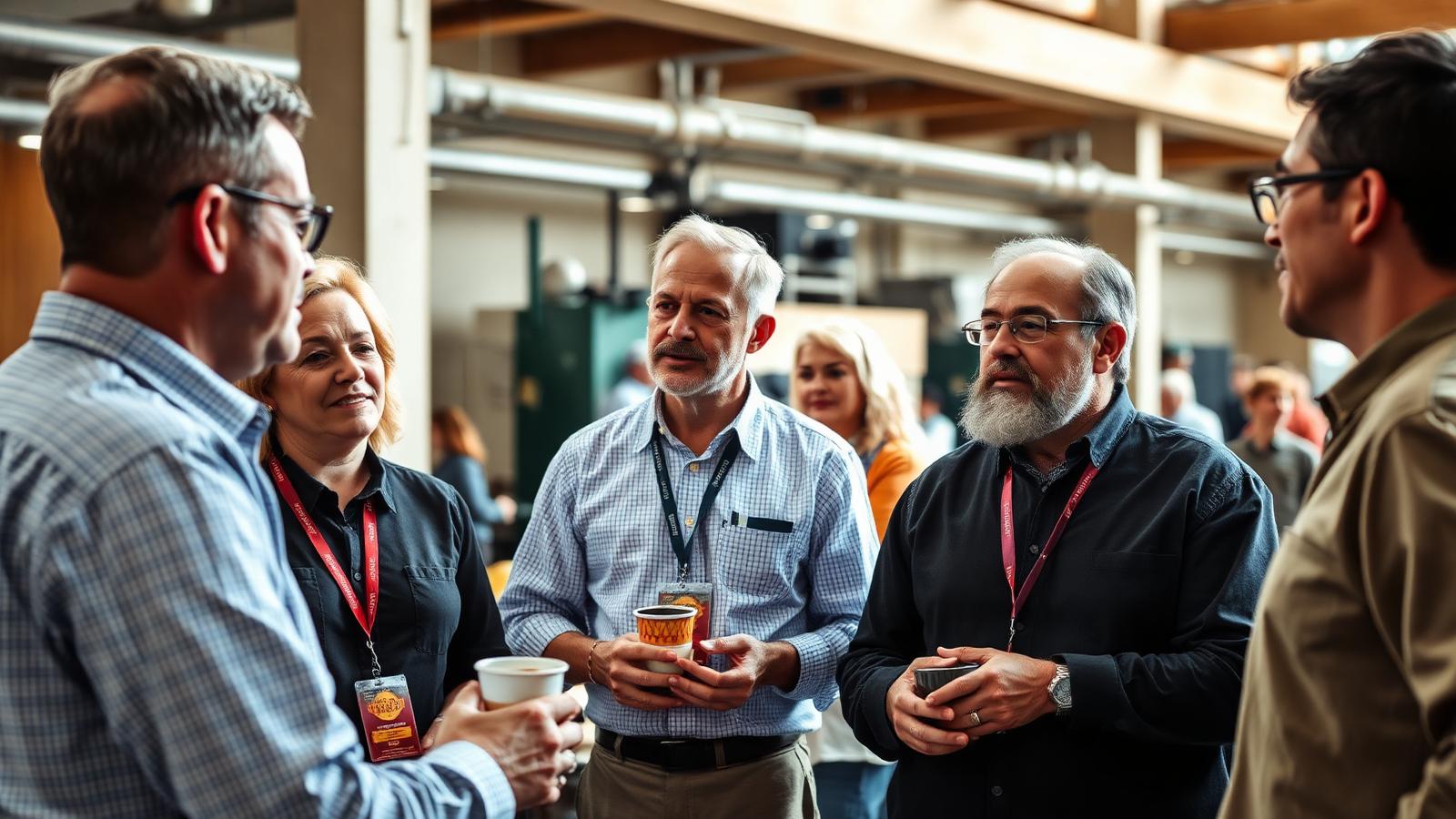 Employers and workers of mixed ages talking together at an industry meetup