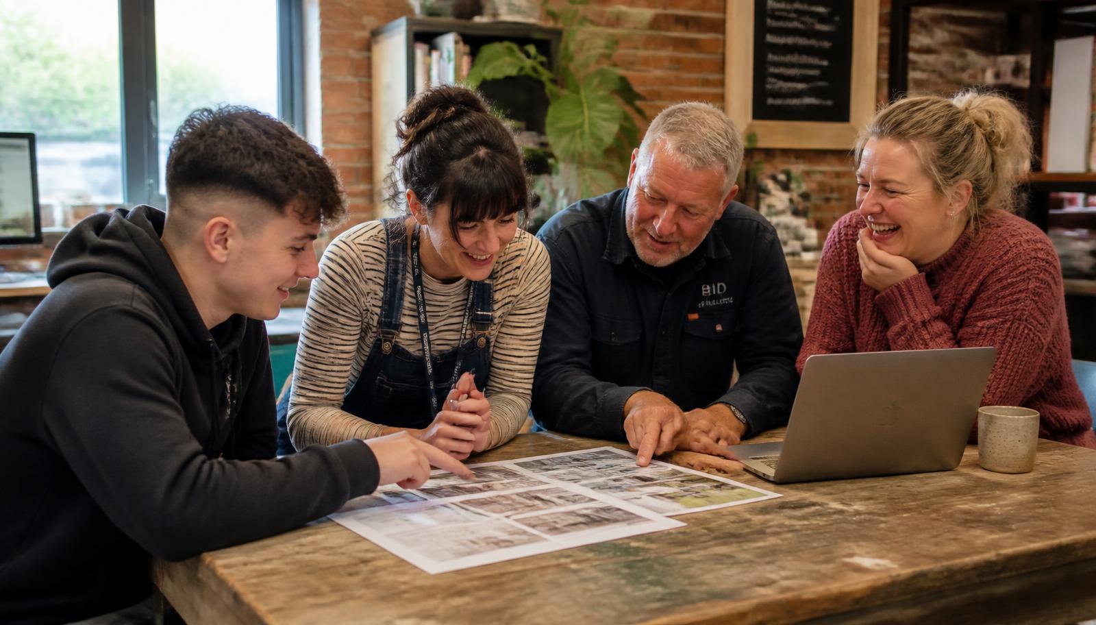 A small business team reviewing a project with a trainee