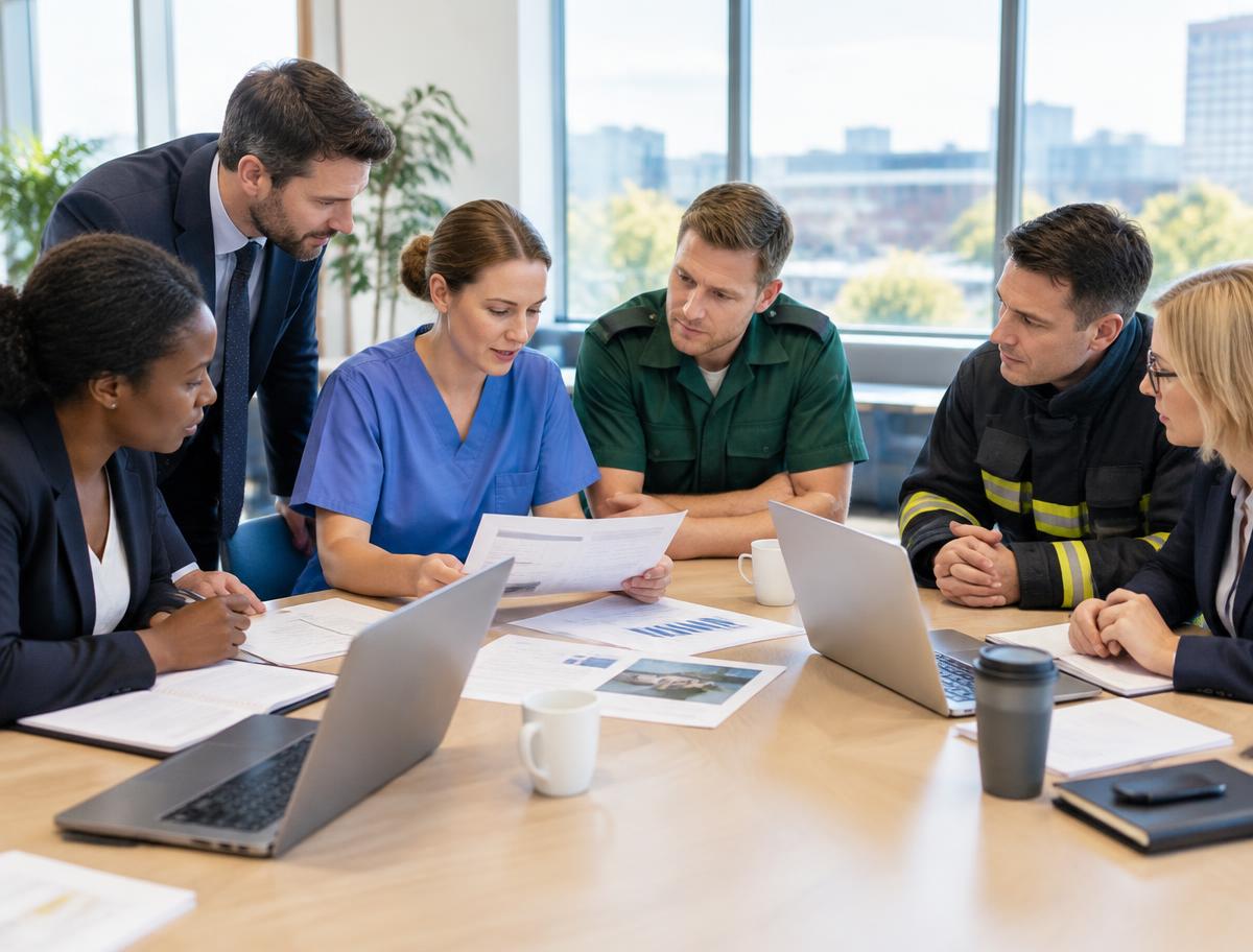 Public-service colleagues, including an NHS clinician, a paramedic and a firefighter, reviewing a plan together with civil servants in a modern office