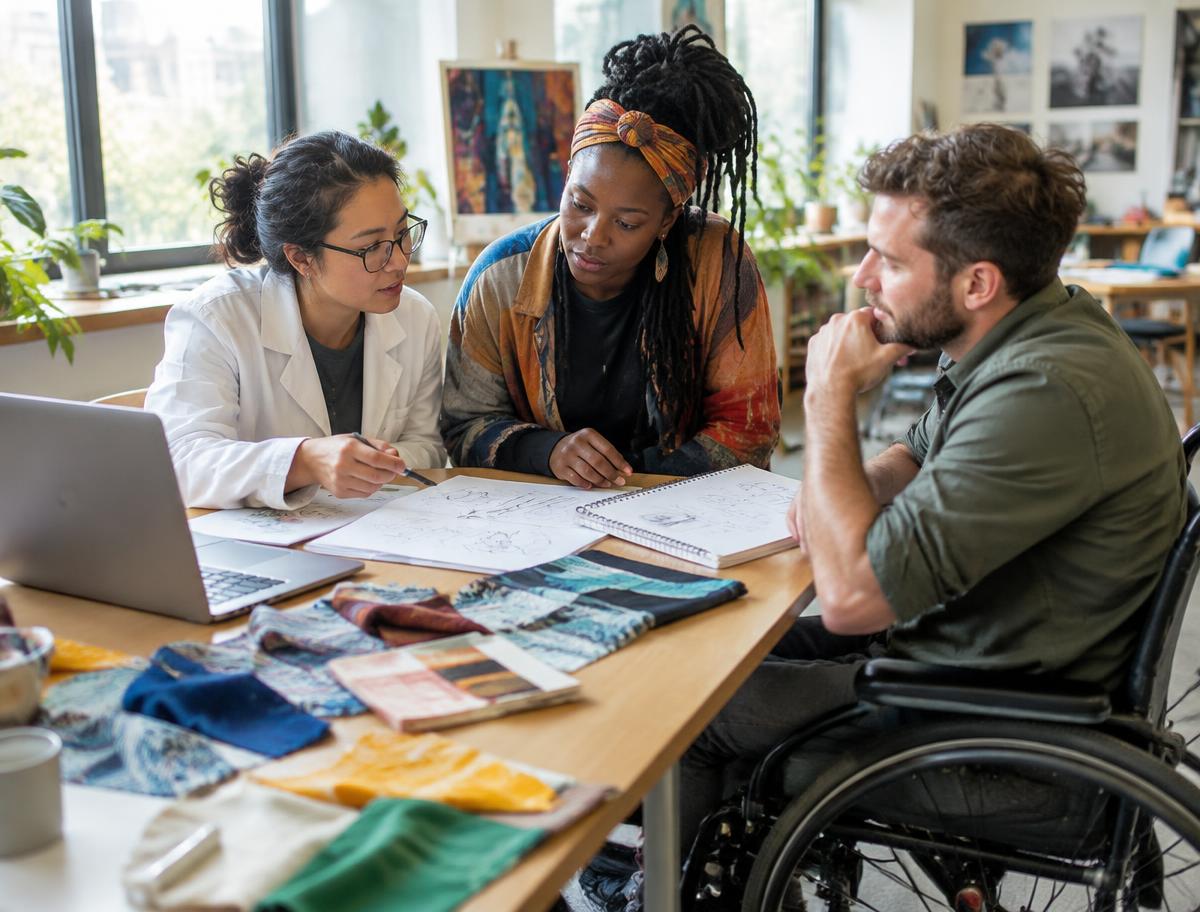 A researcher, a creative practitioner and an accessibility specialist collaborating around sketches and material samples