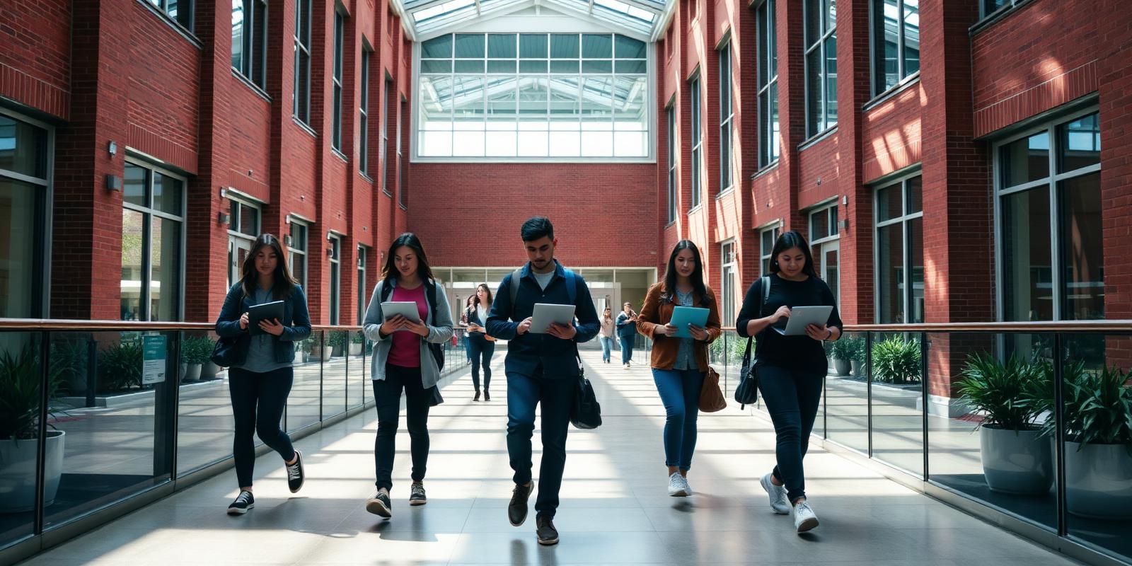 University students studying in a campus atrium
