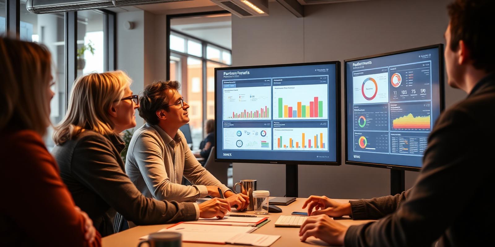 Colleagues reviewing performance dashboards in a corporate office
